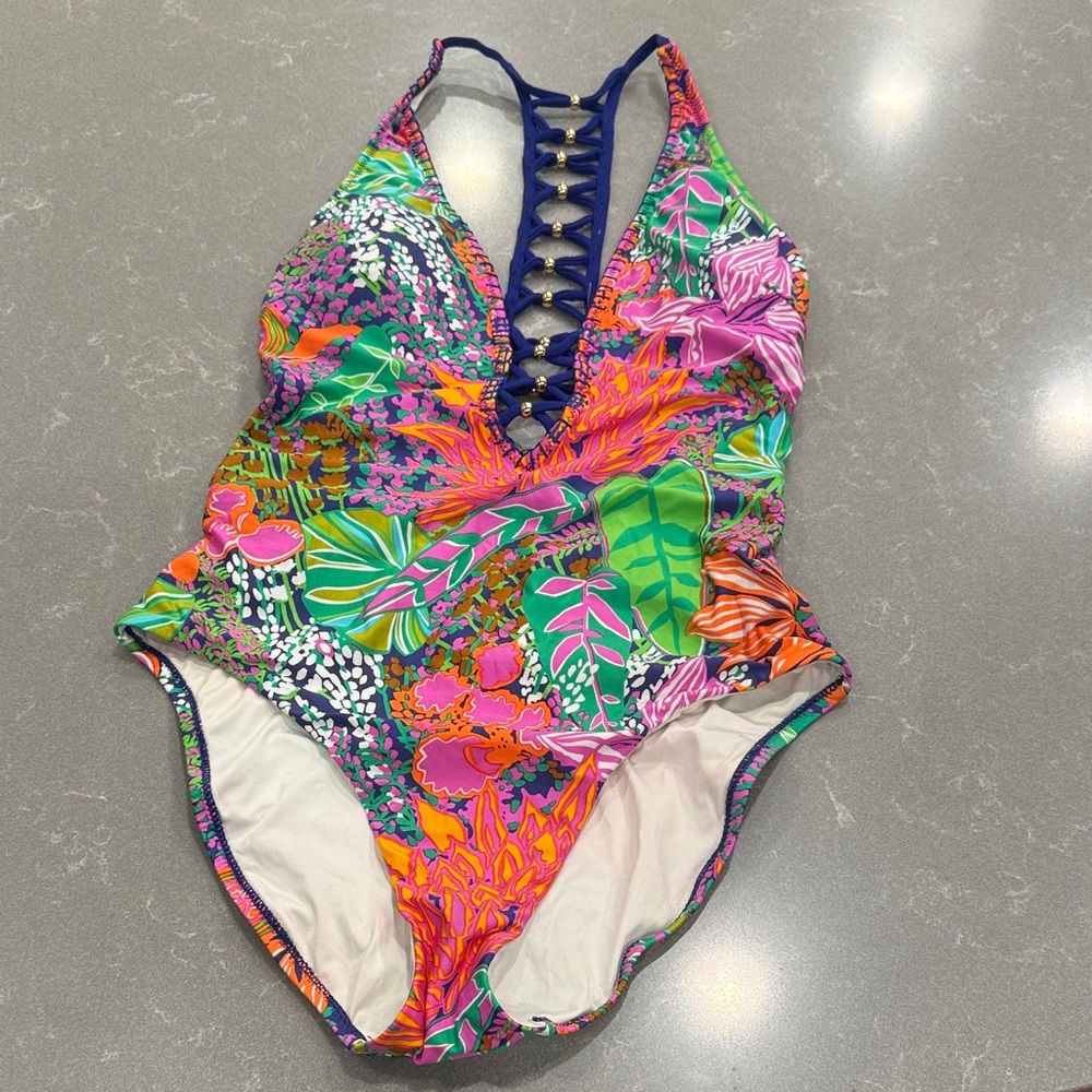 Trina Turk Multicolor Tropical Floral One-Piece Swimsuit with Navy Ladder Front